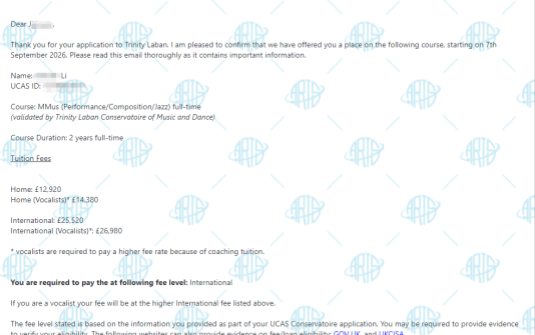 捷报再添！艺术留学广场李同学斩获圣三一音乐与舞蹈学院大提琴硕士 offer